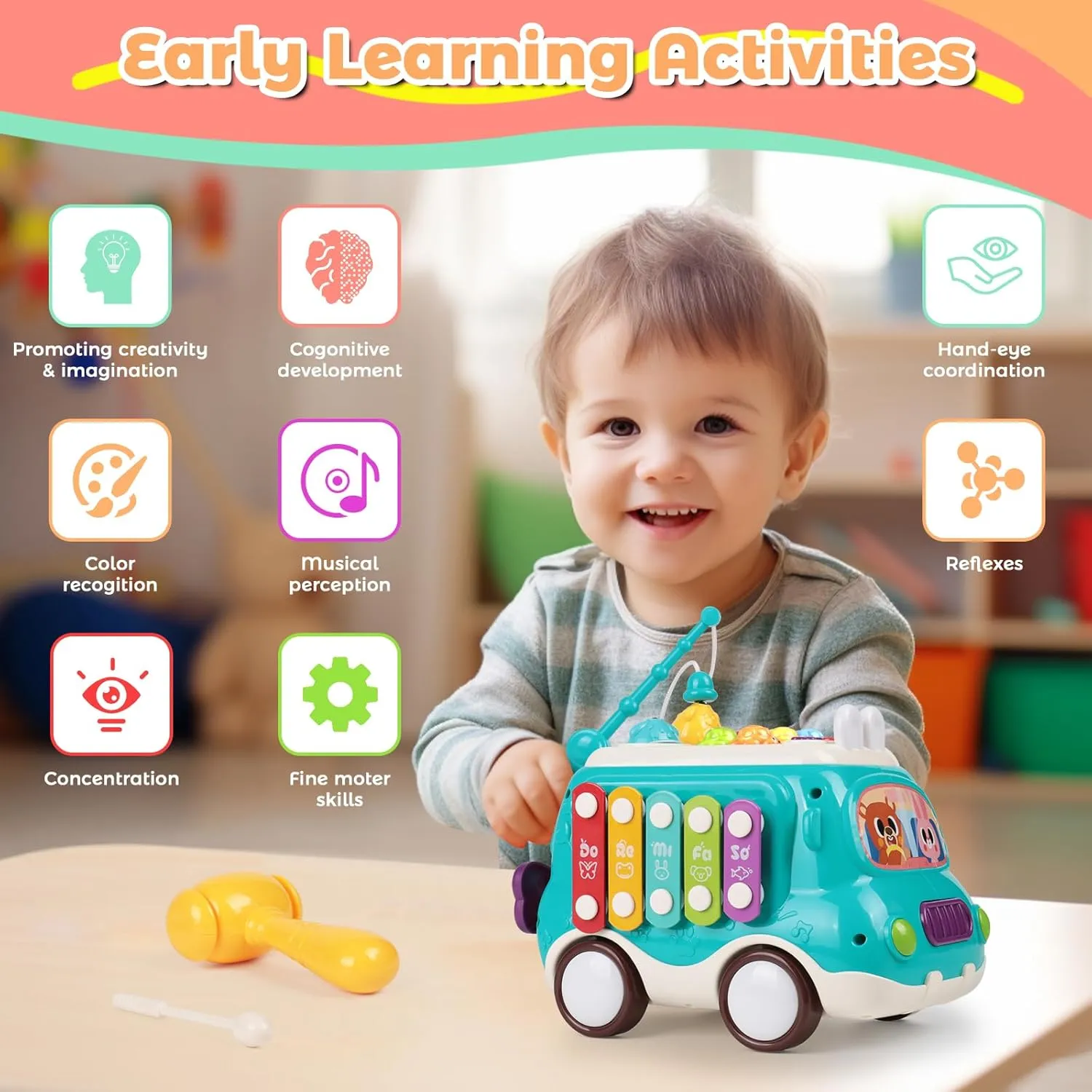 Baby Bus Montessori Musical Toy for 1~3 Years Toddlers with Sound & Light, with Xylophone/Hammering/Fishing Game & Windmill & Gear Rotation etc Sensory Learning,Gift for Boys & Girls (Pink)
