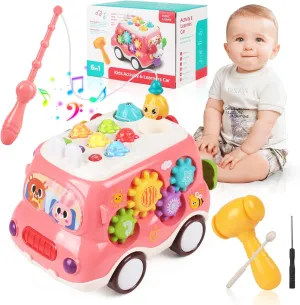 Baby Bus Montessori Musical Toy for 1~3 Years Toddlers with Sound & Light, with Xylophone/Hammering/Fishing Game & Windmill & Gear Rotation etc Sensory Learning,Gift for Boys & Girls (Pink)