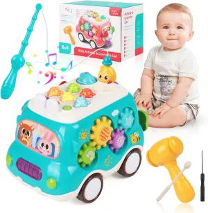 Baby Bus Montessori Musical Toy for 1~3 Years Toddlers with Sound & Light, with Xylophone/Hammering/Fishing Game/Windmill & Gear Rotation etc Sensory Learning,Gift for Boys & Girls (Blue)
