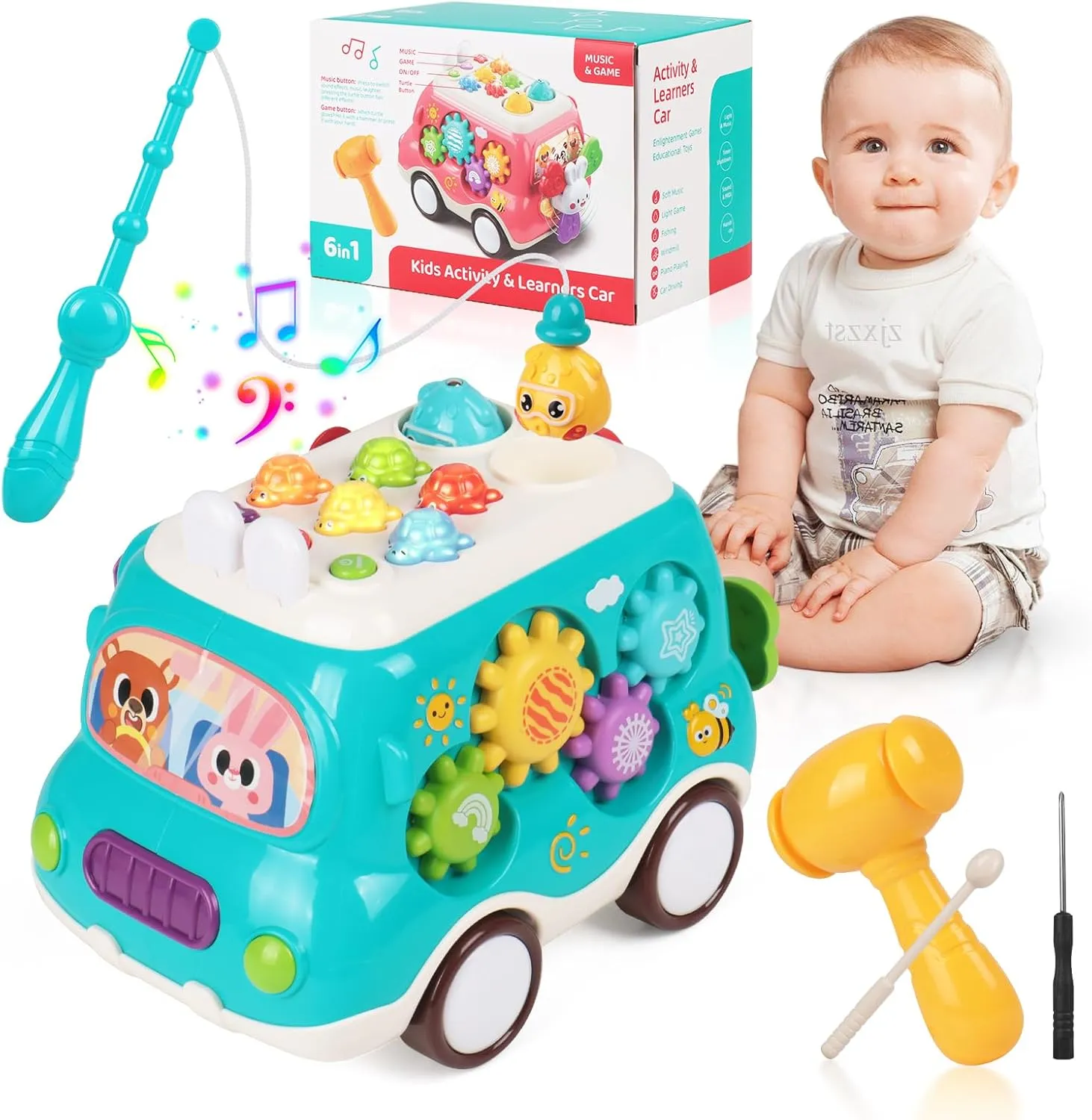 Baby Bus Montessori Musical Toy for 1~3 Years Toddlers with Sound & Light, with Xylophone/Hammering/Fishing Game/Windmill & Gear Rotation etc Sensory Learning,Gift for Boys & Girls (Blue)