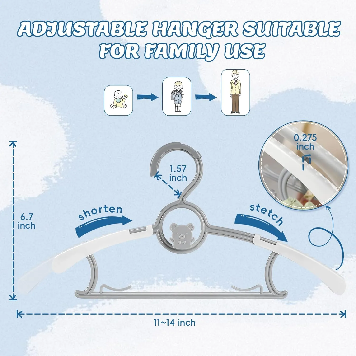 Baby Hangers, 40PCS Adjustable Infant Clothes Hanger Set - Expandable Stackable Design, 11-14 Inch Non-Slip Grey Hangers for Nursery & Kids Wardrobe Organization, Toddler Garment Holders