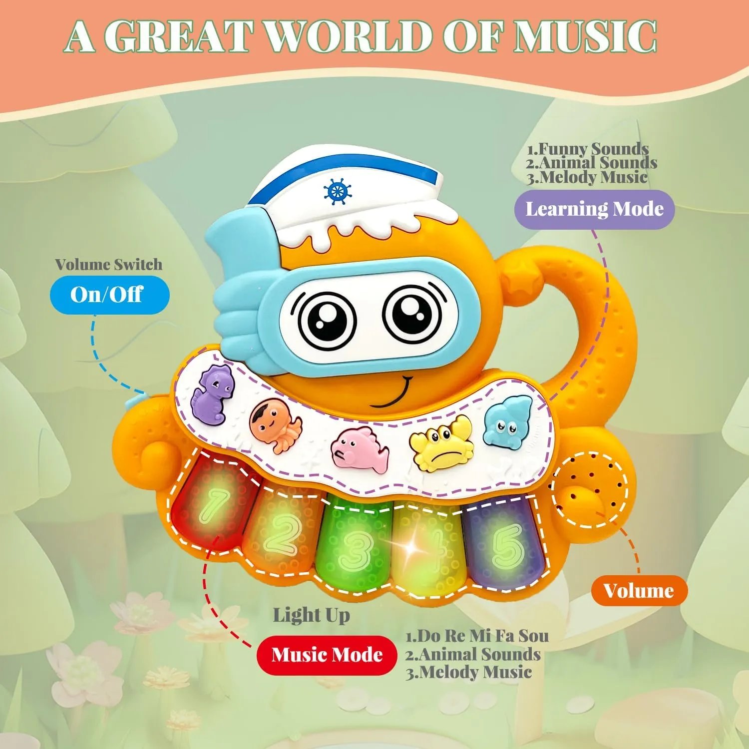 Baby Musical Toys 12-18 Months, Octopus Piano Keyboard Early Learning Educational Toy with Light & Sound, Birthday Toy for Infant Toddler 1 Year Old Boy Girl Gifts