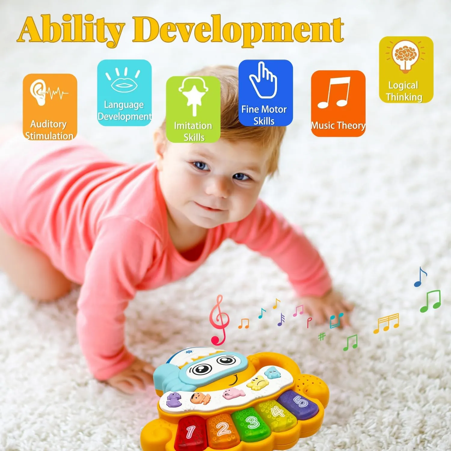 Baby Musical Toys 12-18 Months, Octopus Piano Keyboard Early Learning Educational Toy with Light & Sound, Birthday Toy for Infant Toddler 1 Year Old Boy Girl Gifts