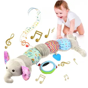 Baby Toys 0-12 Months, Musical Stuffed Animal Toys for 0-3-6-12 Months, Soft Sensory Caterpillar Toys with Crinkle and Rattles, Infant Tummy Time Toys Gifts for Newborn Boys Girls (Elephant)