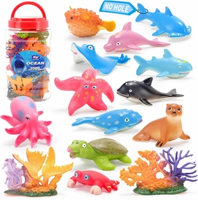 Baby Bath Toys for Toddlers, No Hole Ocean Animals Toys, Bathtub Toys for Boys and Girls (14 Pcs with Storage Box)