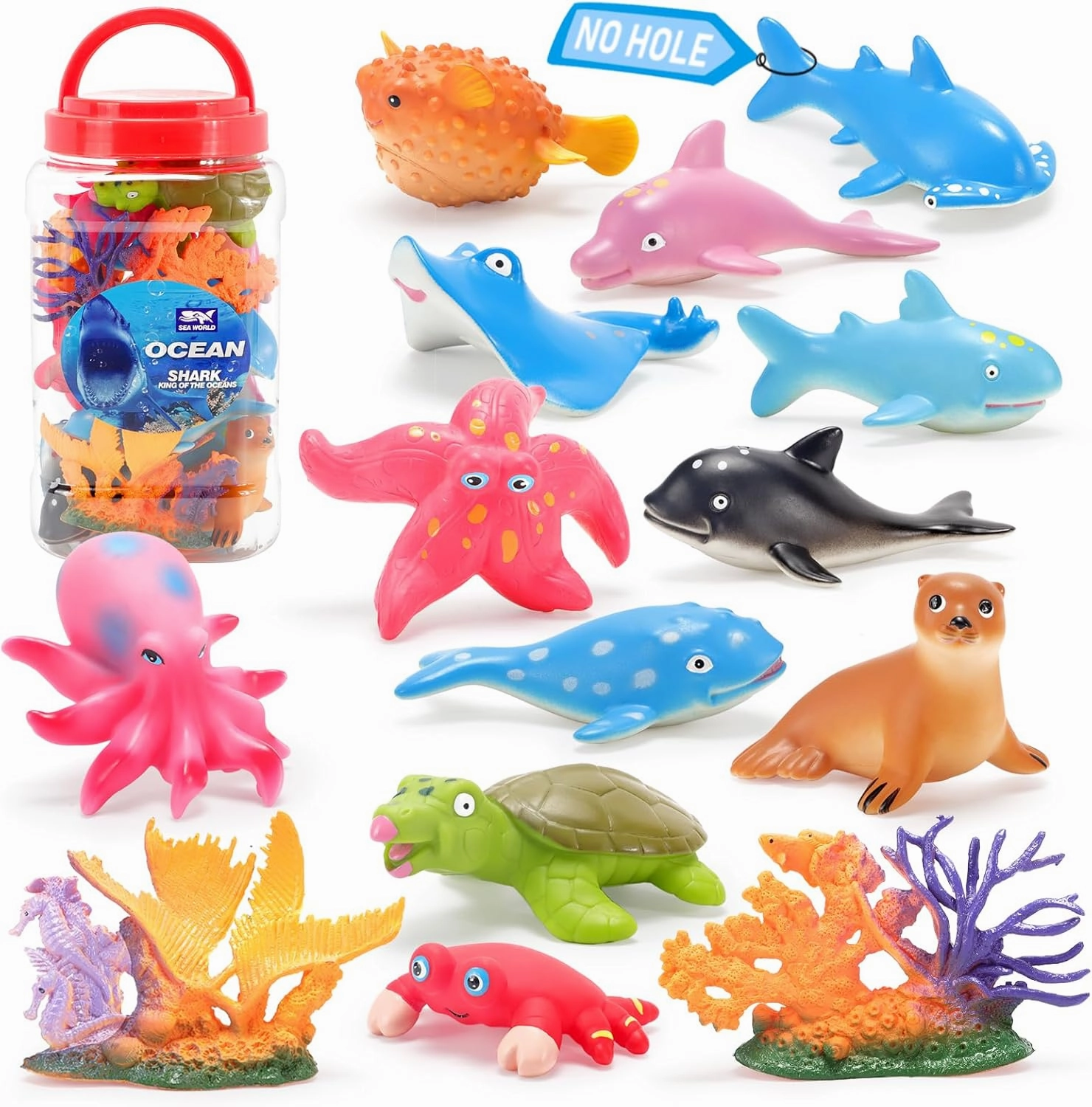 Baby Bath Toys for Toddlers, No Hole Ocean Animals Toys, Bathtub Toys for Boys and Girls (14 Pcs with Storage Box)