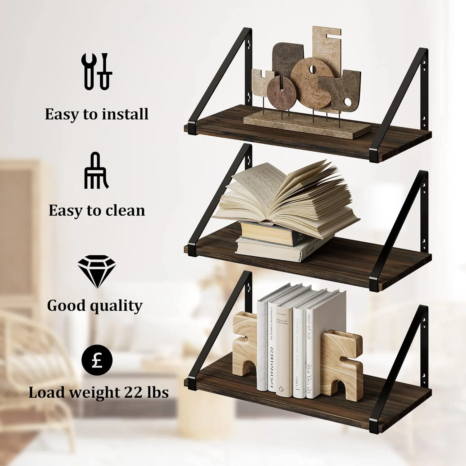 BAMEOS Floating Shelves Rustic Wood Wall Shelf, Small Bookshelf for Living Room, Office, Bedroom, with Metal Bracket