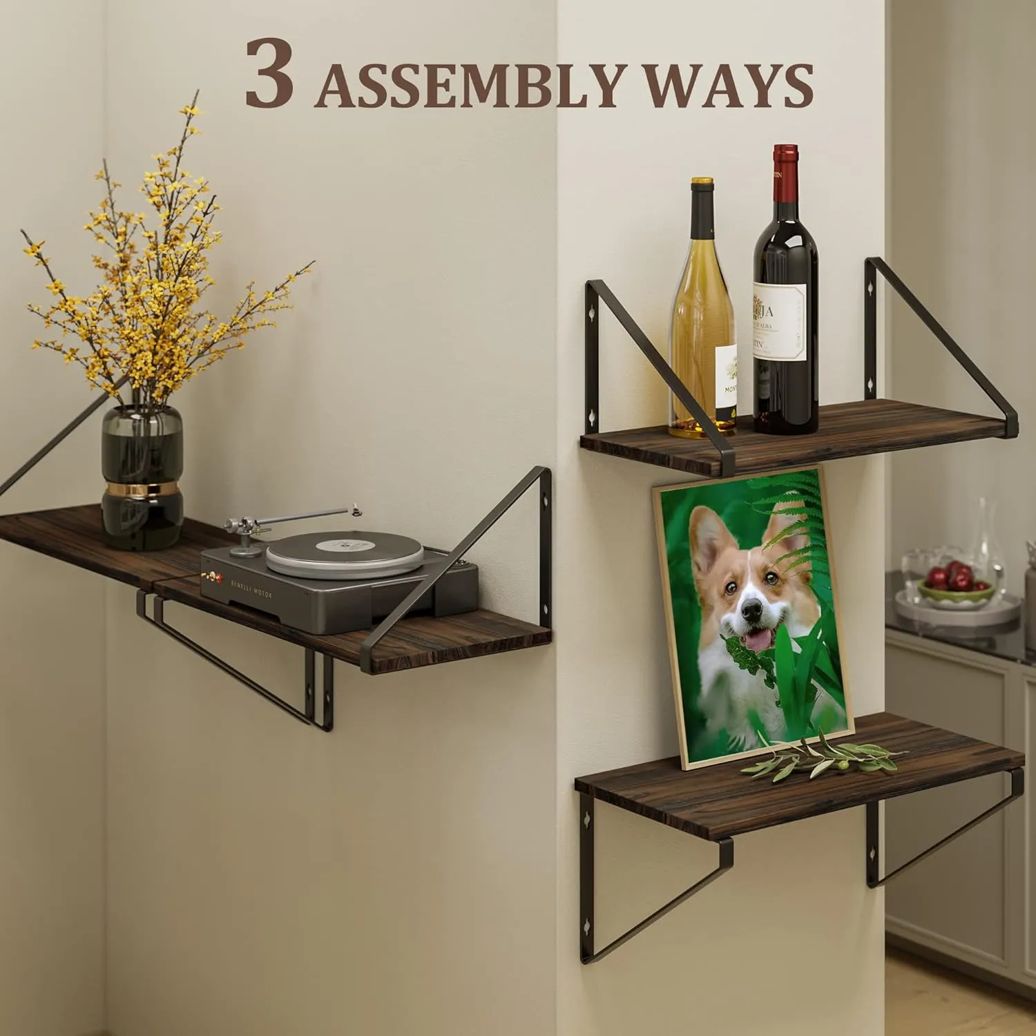 BAMEOS Floating Shelves Rustic Wood Wall Shelf, Small Bookshelf for Living Room, Office, Bedroom, with Metal Bracket