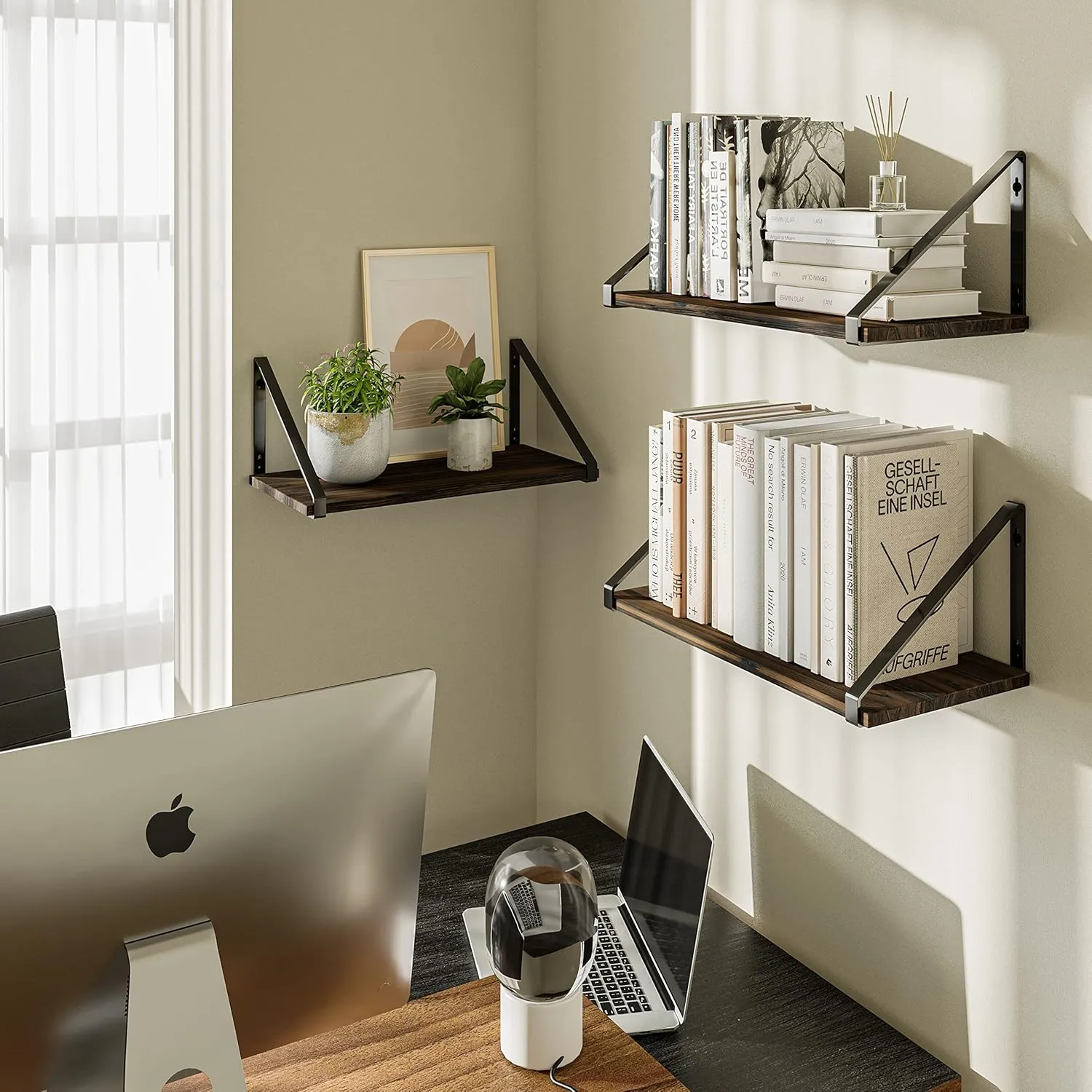 BAMEOS Floating Shelves Rustic Wood Wall Shelf, Small Bookshelf for Living Room, Office, Bedroom, with Metal Bracket