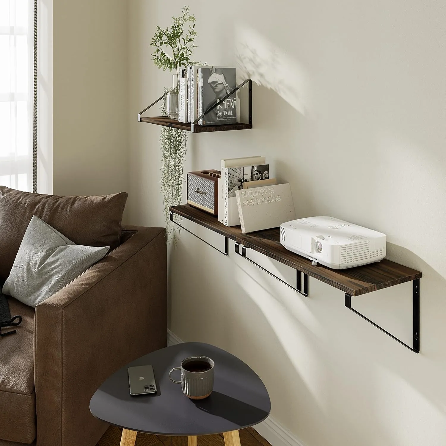 BAMEOS Floating Shelves Rustic Wood Wall Shelf, Small Bookshelf for Living Room, Office, Bedroom, with Metal Bracket