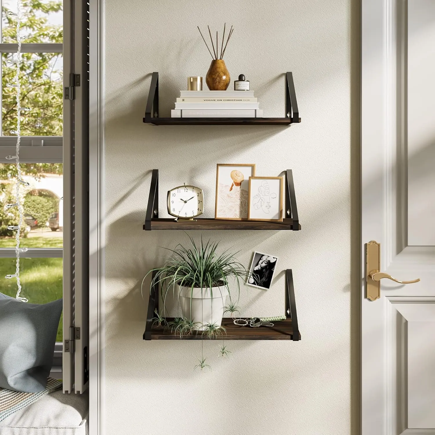 BAMEOS Floating Shelves Rustic Wood Wall Shelf, Small Bookshelf for Living Room, Office, Bedroom, with Metal Bracket