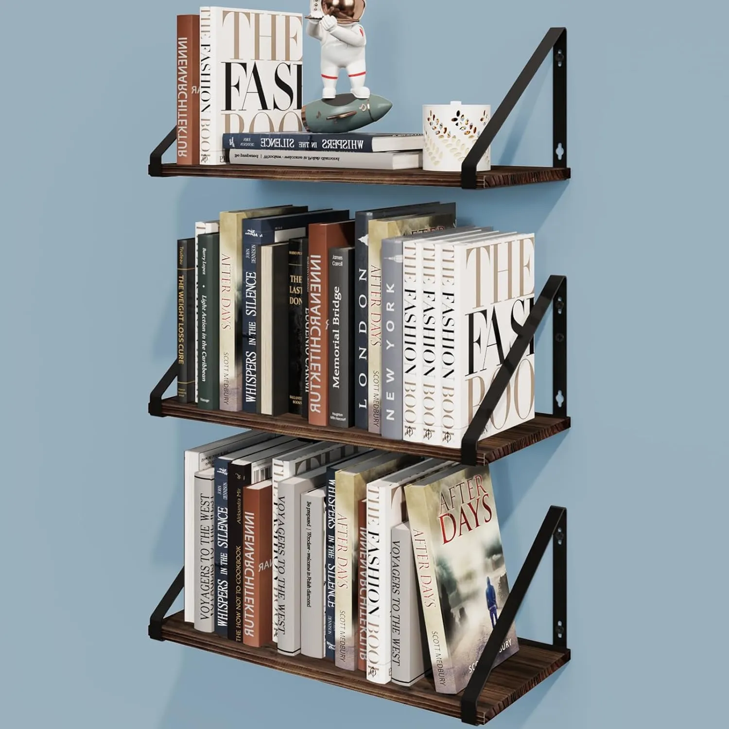 BAMEOS Floating Shelves Rustic Wood Wall Shelf, Small Bookshelf for Living Room, Office, Bedroom, with Metal Bracket