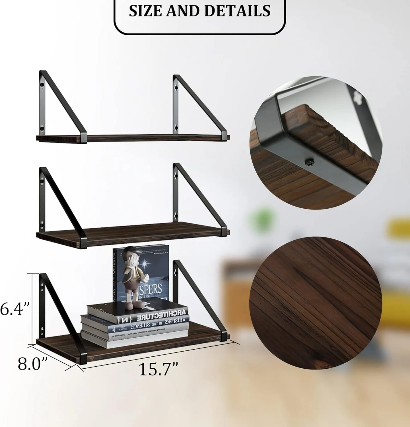 BAMEOS Floating Shelves Rustic Wood Wall Shelf, Small Bookshelf for Living Room, Office, Bedroom, with Metal Bracket