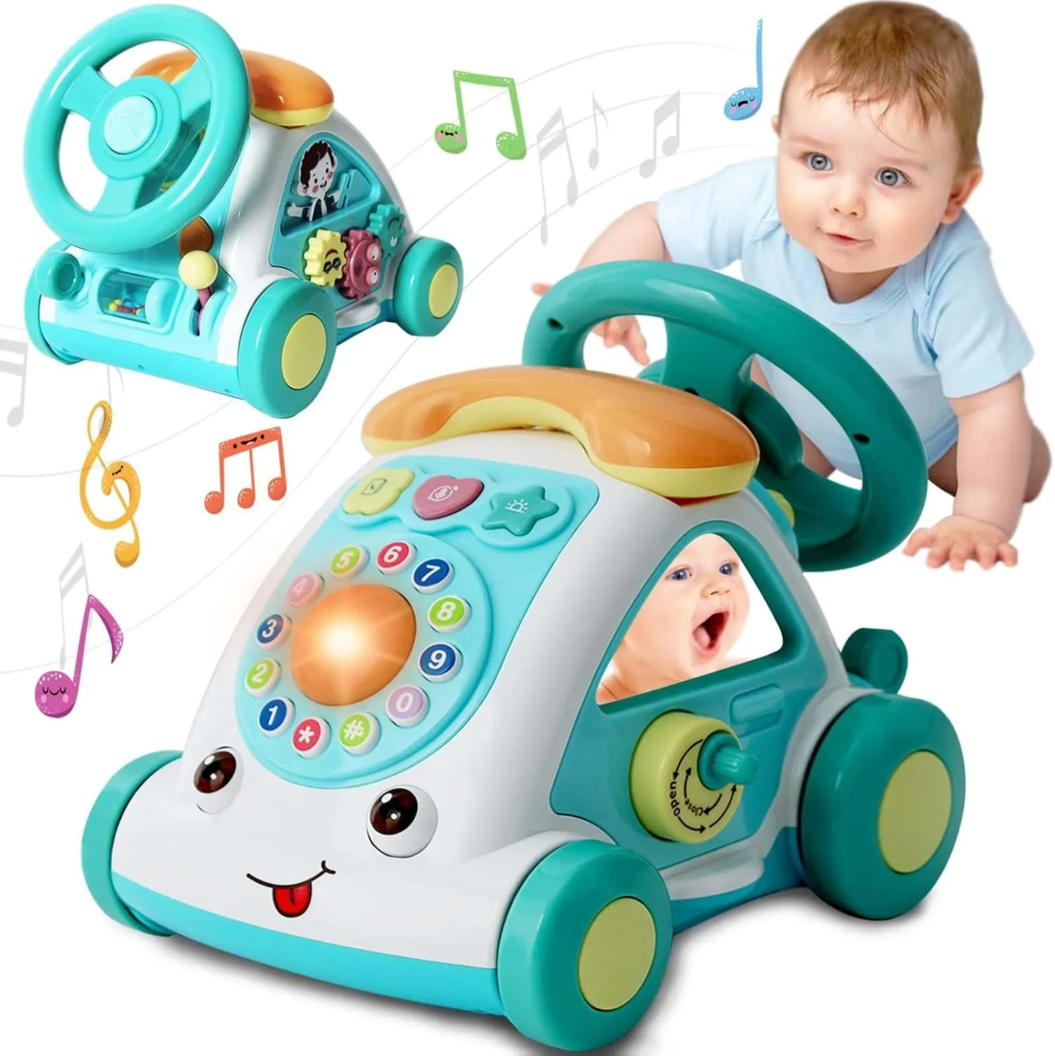 BAOLI Baby Toddler Crawling Toys for Boy Girl 6 12 18 Months Steering Wheels Telephone Music Lights 1 2 Year Old Gift Early Educational Learning Multi-Functional Musical Car Toy Green
