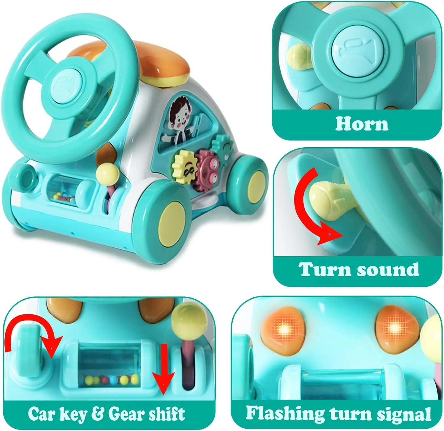 BAOLI Baby Toddler Crawling Toys for Boy Girl 6 12 18 Months Steering Wheels Telephone Music Lights 1 2 Year Old Gift Early Educational Learning Multi-Functional Musical Car Toy Green