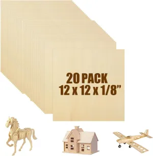 Basswood Sheets 12x12 Inch Unfinished Square Wood Pieces for Crafting 3mm Plywood Board 1/8" Thin Wooden Sheets Wood Slices Natural Wood Planks for Craft DIY Arts Project Painting Pyrography (20)