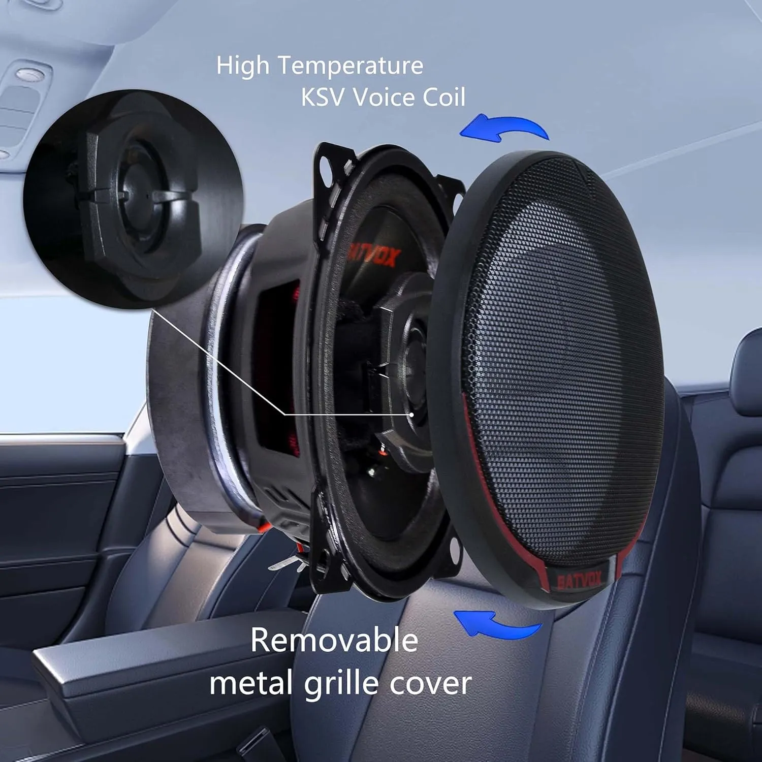 BATVOX CS401 150 Watts 4 Inch 2 Ways 4 Ohm Impedance and Piezo Tweeter for Premium Car Audio Coaxial Car Speakers, Car Stereo Sound System with Removable Grill (2 Speakers)