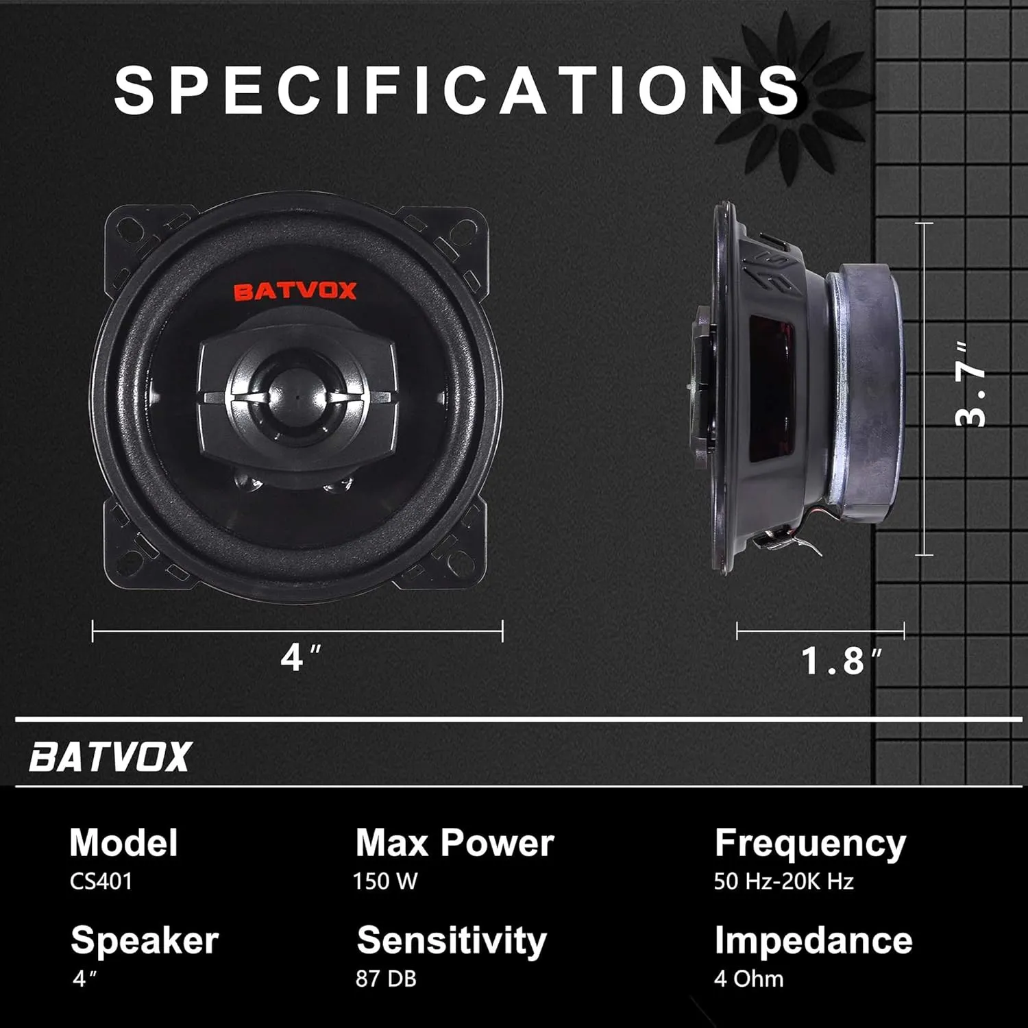 BATVOX CS401 150 Watts 4 Inch 2 Ways 4 Ohm Impedance and Piezo Tweeter for Premium Car Audio Coaxial Car Speakers, Car Stereo Sound System with Removable Grill (2 Speakers)