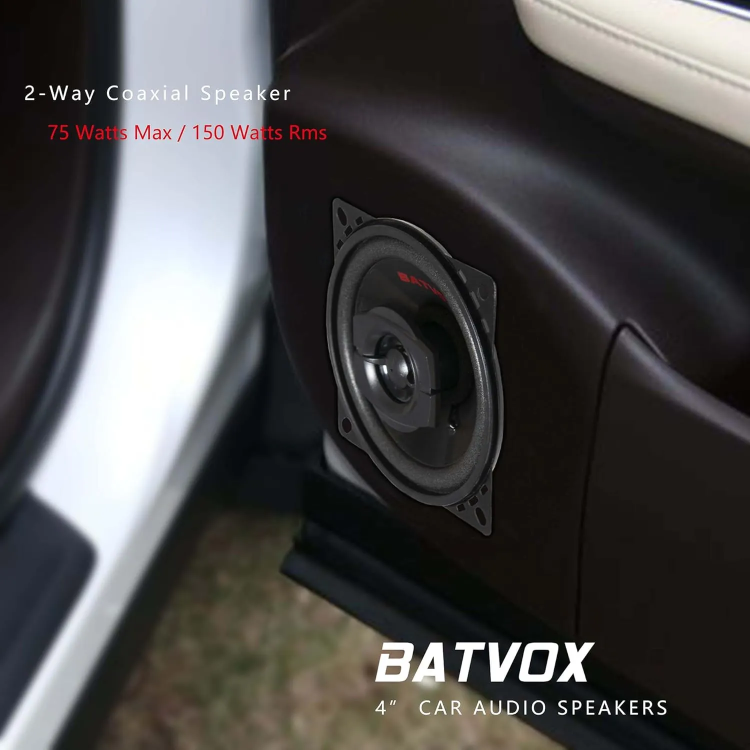 BATVOX CS401 150 Watts 4 Inch 2 Ways 4 Ohm Impedance and Piezo Tweeter for Premium Car Audio Coaxial Car Speakers, Car Stereo Sound System with Removable Grill (2 Speakers)
