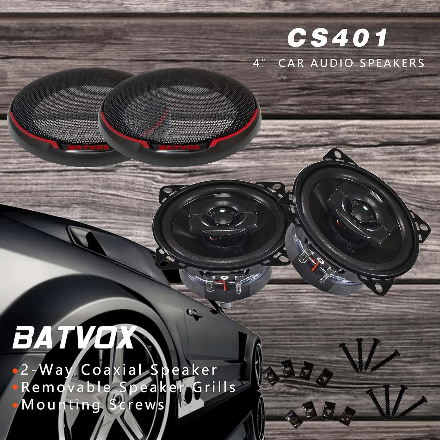 BATVOX CS401 150 Watts 4 Inch 2 Ways 4 Ohm Impedance and Piezo Tweeter for Premium Car Audio Coaxial Car Speakers, Car Stereo Sound System with Removable Grill (2 Speakers)