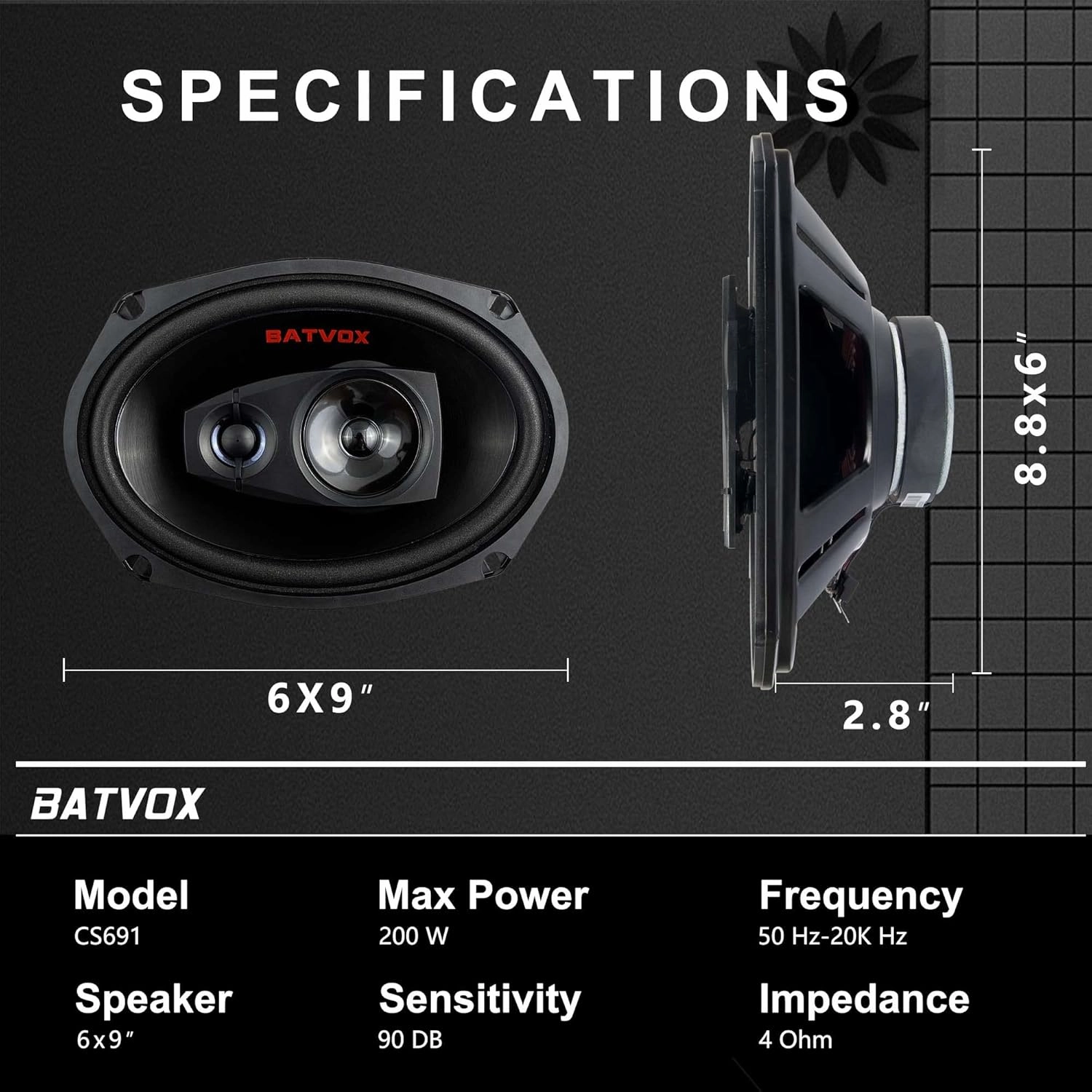 BATVOX CS691 400 Watts 6X9 Inch 3 Ways 4 Ohm Impedance and Piezo Tweeter for Premium Car Audio Coaxial Car Speakers, Car Stereo Sound System with Removable Grill (2 Speakers)