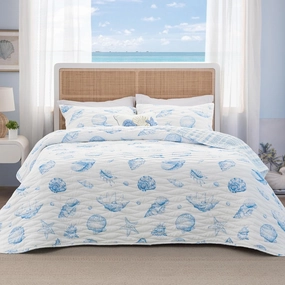 Bedsure Coastal Quilt Bedding Set - Queen Size Reversible Summer Beach Quilt Bedding Set, 3 Pieces Ocean Lightweight Bedspread, Shell Parttern Coverlet with 2 Pillow Shams for All Seasons (90"x96")