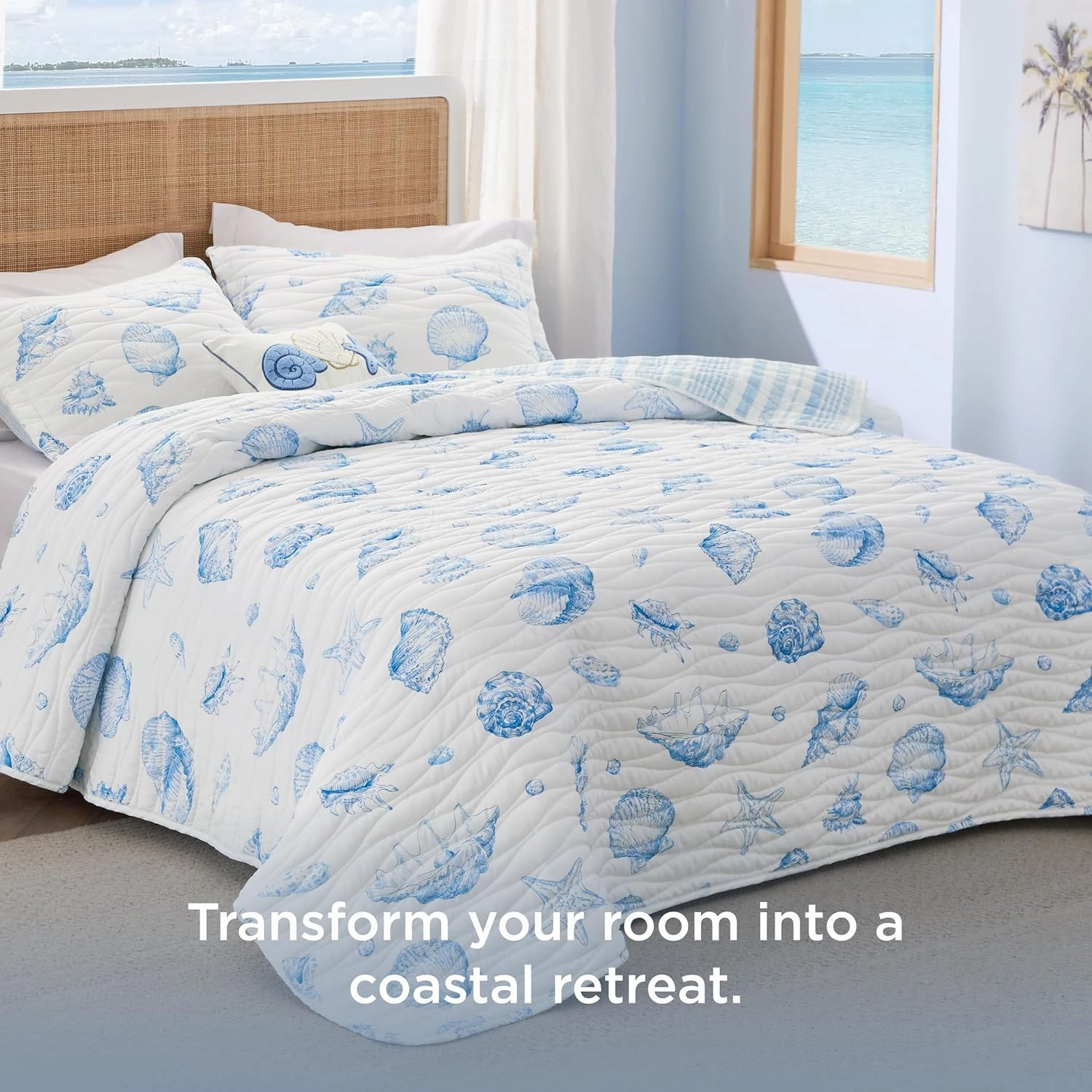 Bedsure Coastal Quilt Bedding Set - Queen Size Reversible Summer Beach Quilt Bedding Set, 3 Pieces Ocean Lightweight Bedspread, Shell Parttern Coverlet with 2 Pillow Shams for All Seasons (90"x96")