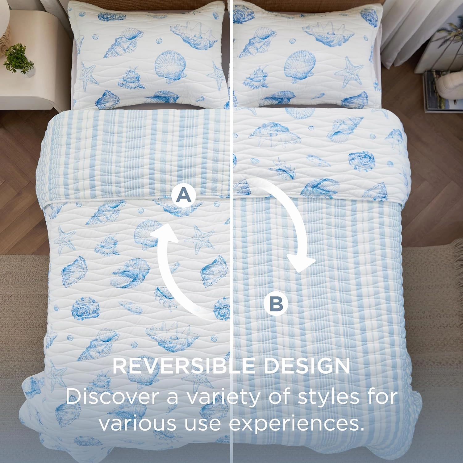 Bedsure Coastal Quilt Bedding Set - Queen Size Reversible Summer Beach Quilt Bedding Set, 3 Pieces Ocean Lightweight Bedspread, Shell Parttern Coverlet with 2 Pillow Shams for All Seasons (90"x96")