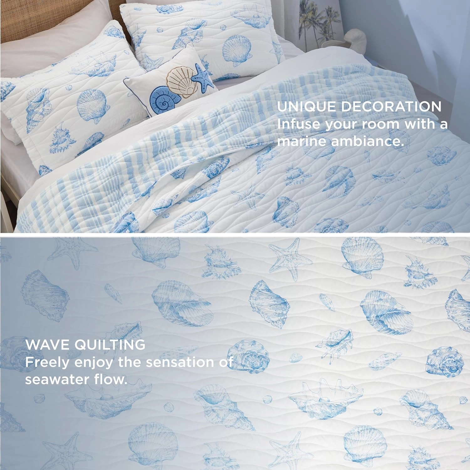 Bedsure Coastal Quilt Bedding Set - Queen Size Reversible Summer Beach Quilt Bedding Set, 3 Pieces Ocean Lightweight Bedspread, Shell Parttern Coverlet with 2 Pillow Shams for All Seasons (90"x96")