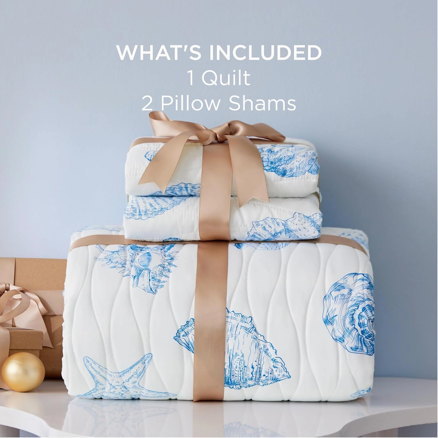 Bedsure Coastal Quilt Bedding Set - Queen Size Reversible Summer Beach Quilt Bedding Set, 3 Pieces Ocean Lightweight Bedspread, Shell Parttern Coverlet with 2 Pillow Shams for All Seasons (90"x96")