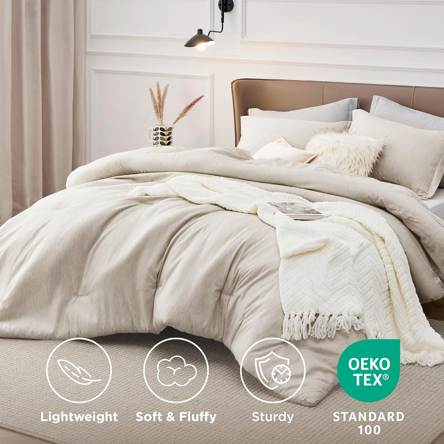 Bedsure Queen Comforter Set - Beige Soft Bedding for All Seasons, Cationic Dyed Bed Set, 3 Pieces, 1 Queen Size Comforter (90"x90") and 2 Pillow Shams (20"x26" 2")