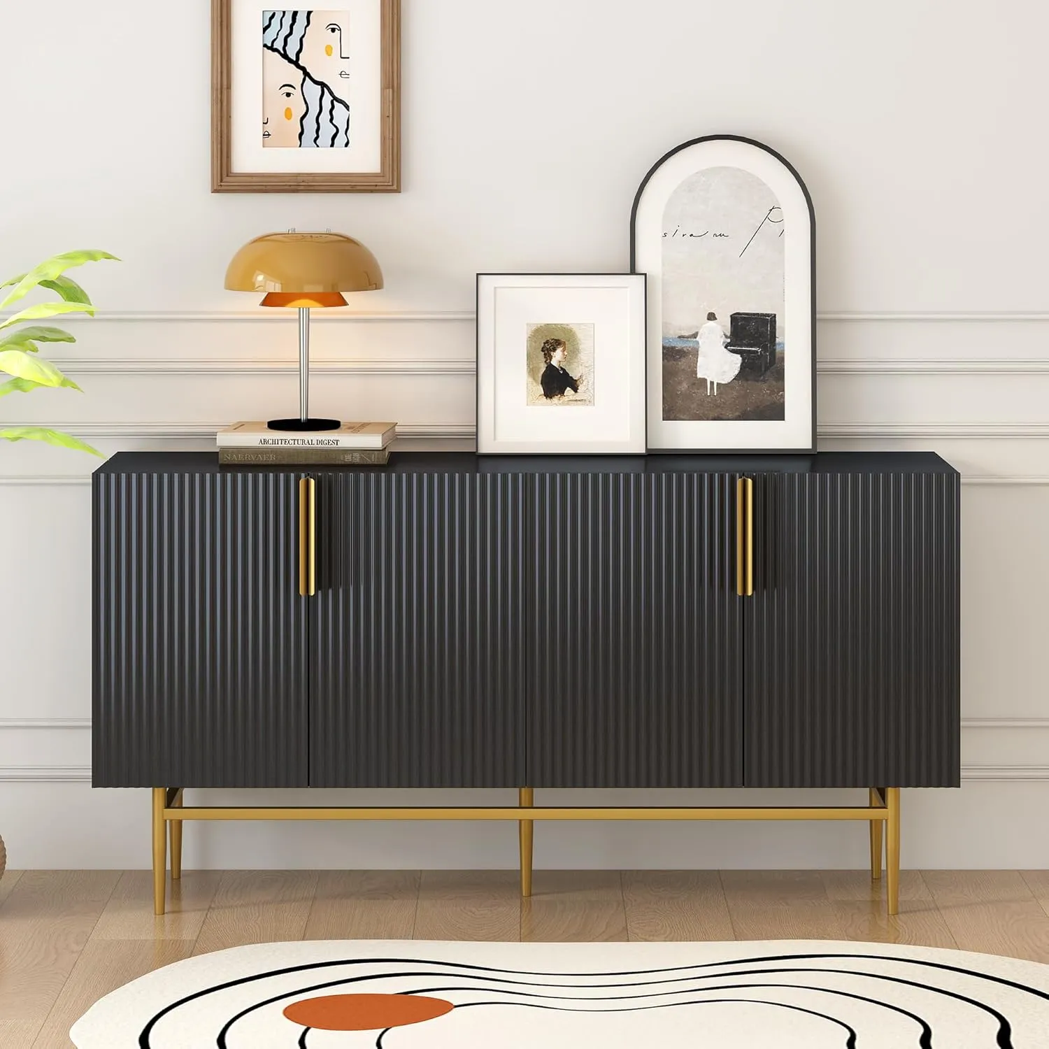 Bellemave Accent Storage Cabinet with Four Doors Freestanding Storage Sideboard with Gold Metal Handle and Legs Modern Entryway Cabinet for Kitchen, Dining Room, Black