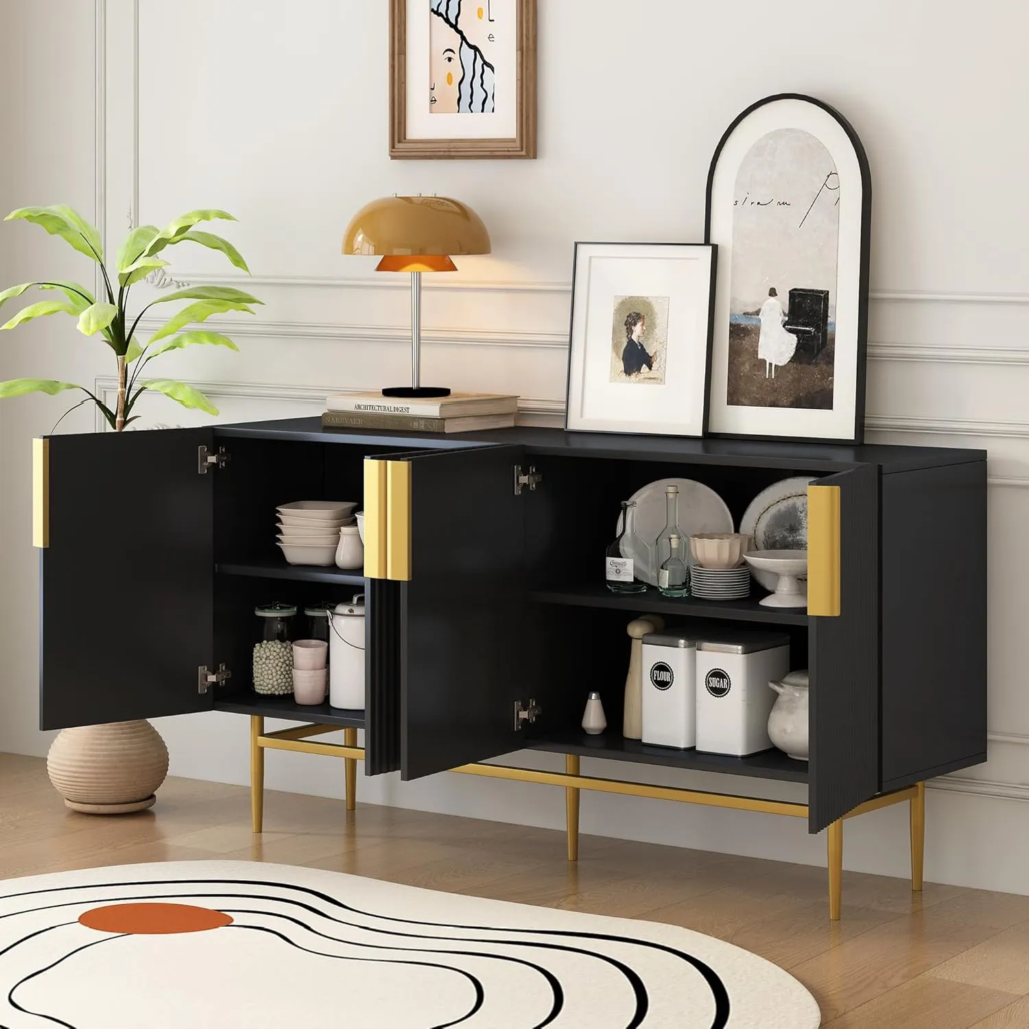 Bellemave Accent Storage Cabinet with Four Doors Freestanding Storage Sideboard with Gold Metal Handle and Legs Modern Entryway Cabinet for Kitchen, Dining Room, Black