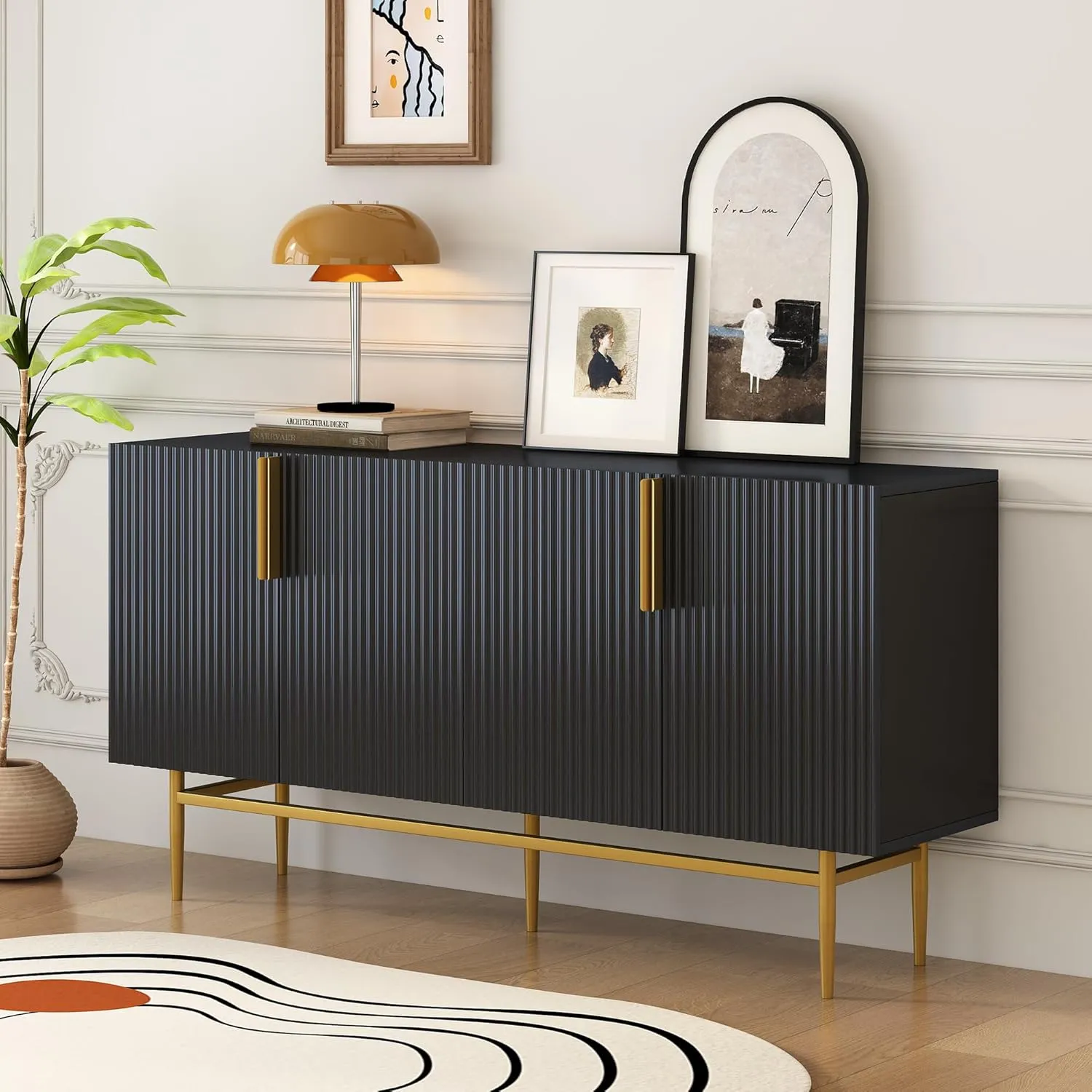 Bellemave Accent Storage Cabinet with Four Doors Freestanding Storage Sideboard with Gold Metal Handle and Legs Modern Entryway Cabinet for Kitchen, Dining Room, Black