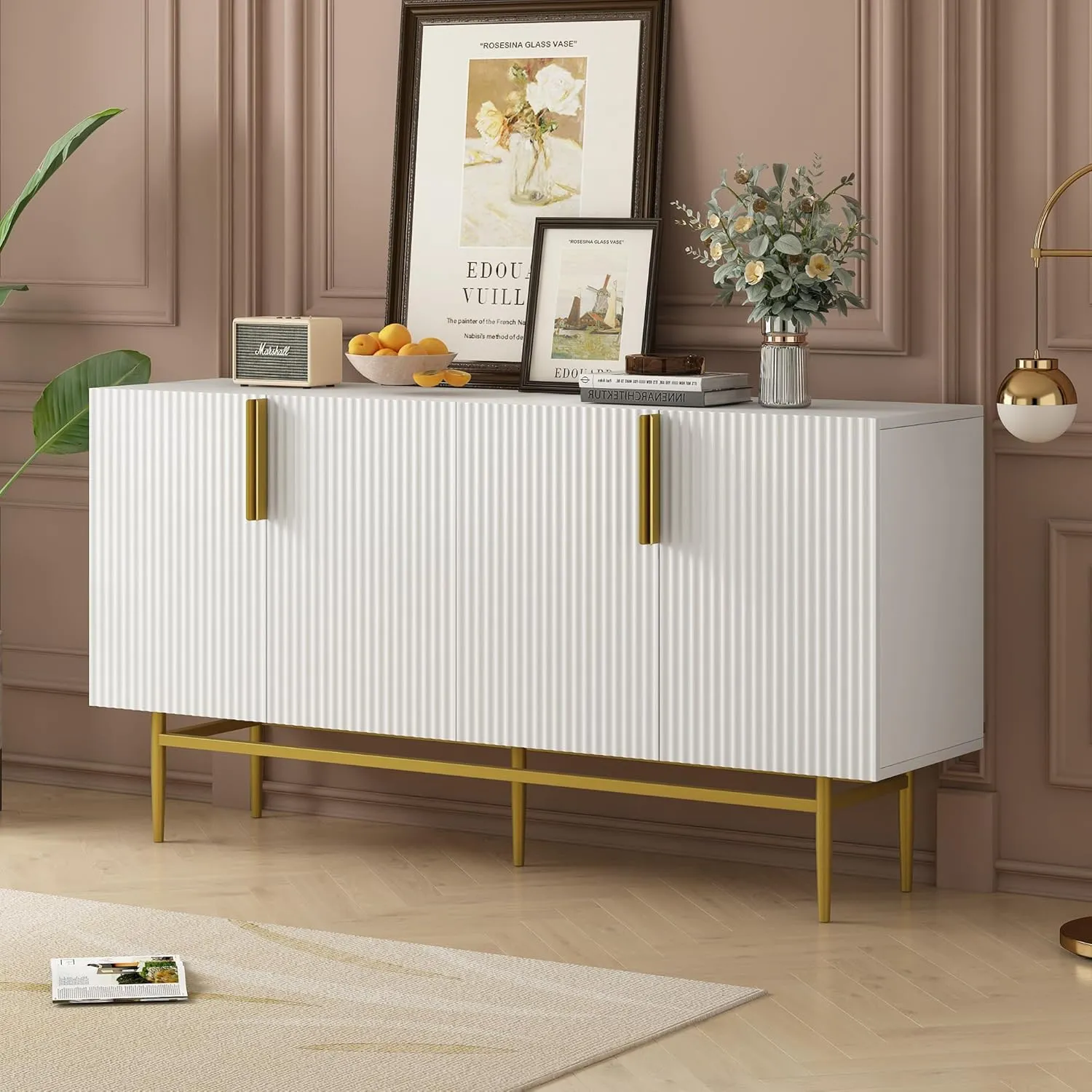 Bellemave Accent Storage Cabinet with Four Doors Freestanding Storage Sideboard with Gold Metal Handle and Legs Modern Entryway Cabinet for Kitchen, Dining Room, White