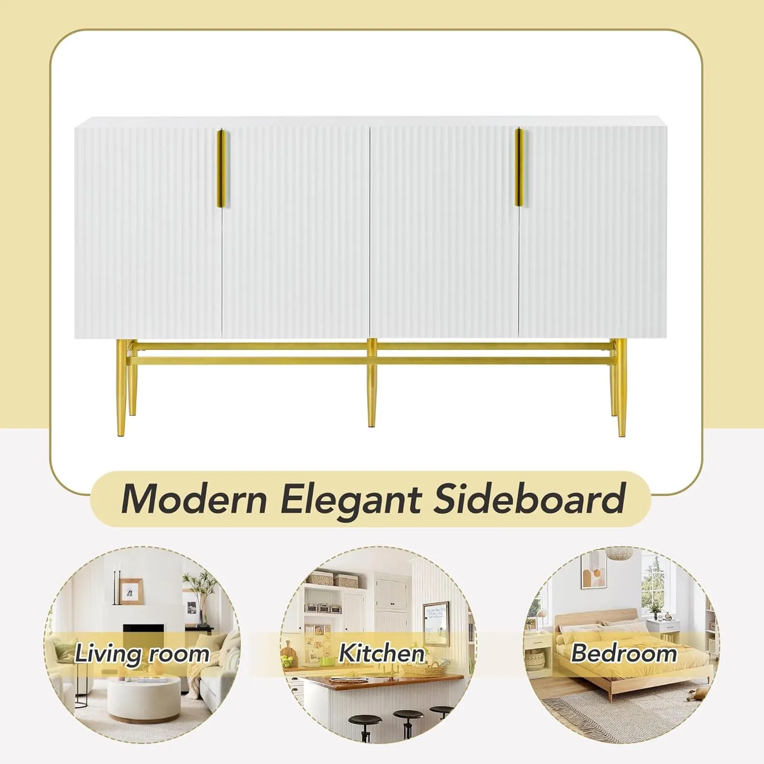 Bellemave Accent Storage Cabinet with Four Doors Freestanding Storage Sideboard with Gold Metal Handle and Legs Modern Entryway Cabinet for Kitchen, Dining Room, White