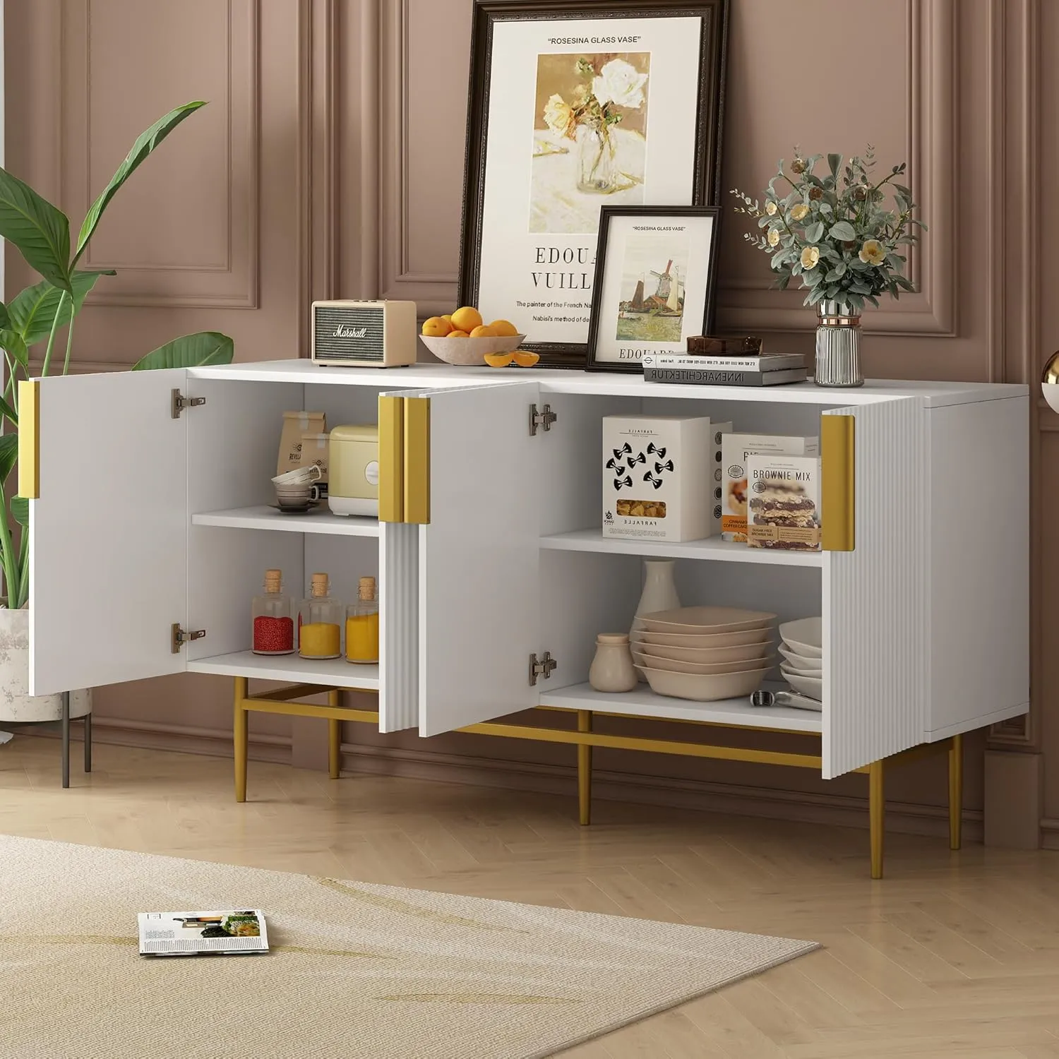 Bellemave Accent Storage Cabinet with Four Doors Freestanding Storage Sideboard with Gold Metal Handle and Legs Modern Entryway Cabinet for Kitchen, Dining Room, White