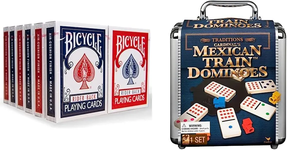 Bicycle Rider Back Playing Cards,12 Count (Pack of 1) & Mexican Train Dominoes Set Tile Board Game in Aluminum Carry Case with Colorful Trains for Family Game Night, for Adults and Kids Ages 8 and up