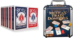 Bicycle Rider Back Playing Cards,12 Count (Pack of 1) & Mexican Train Dominoes Set Tile Board Game in Aluminum Carry Case with Colorful Trains for Family Game Night, for Adults and Kids Ages 8 and up