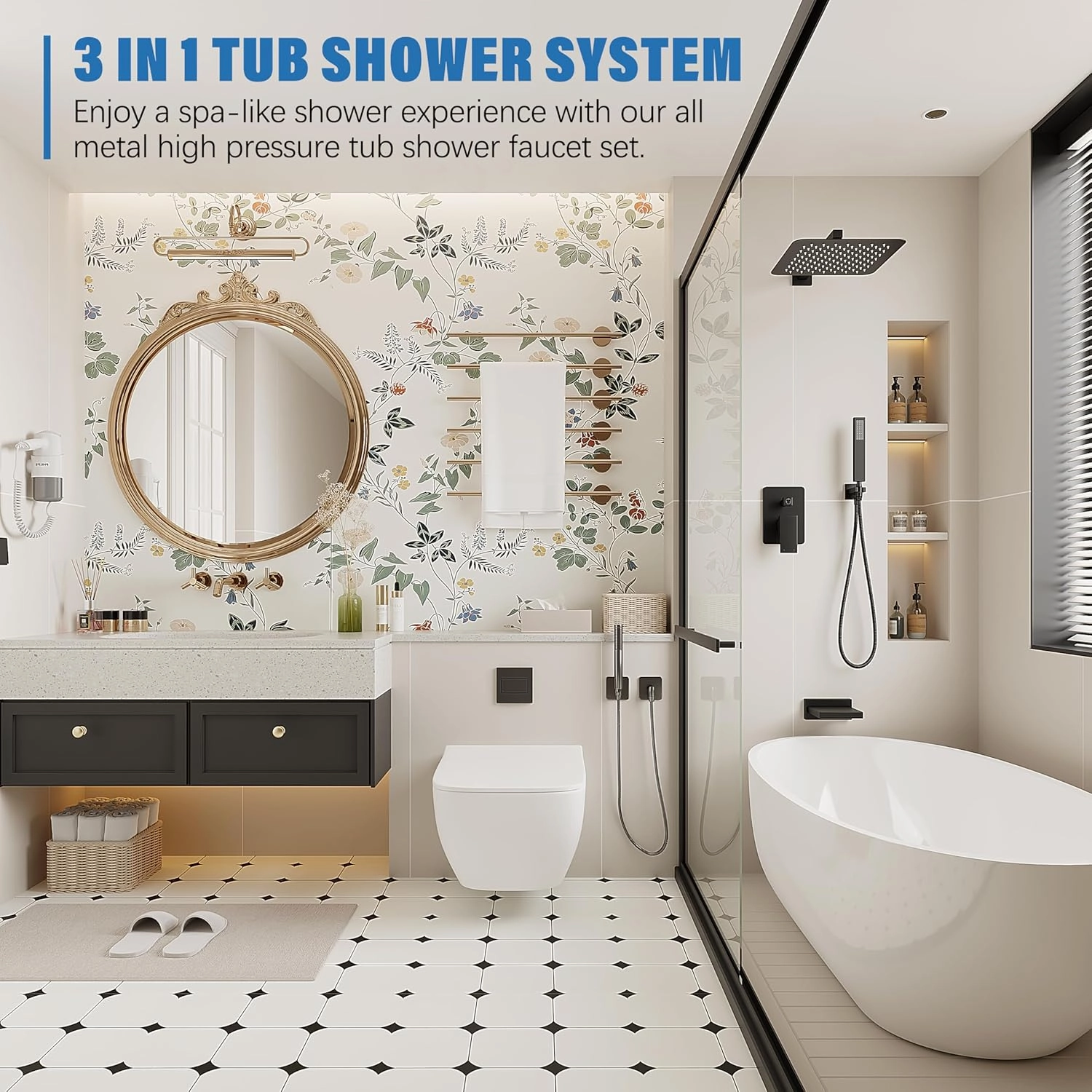 Black Shower System with Tub Spout, All Metal Tub Shower Faucet Set with 10" Rain Shower Head and Handheld Spray combo, Wall Mounted Tub Shower Systems with Valve and Trim Kit, Matte Black