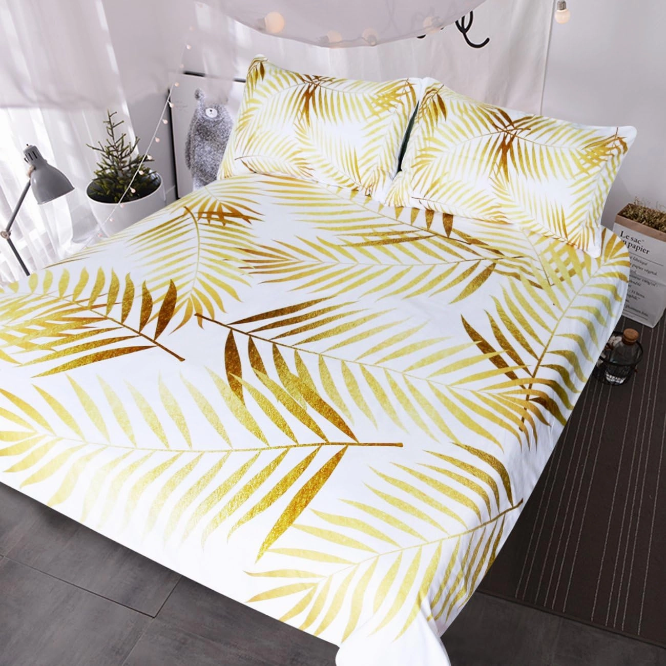 BlessLiving Modern Palm Leaf Bedding Tropical Floral Botanic Print Duvet Cover Set 3 Piece Gold and White Coastal Life Havana Bed Set (b, Twin)