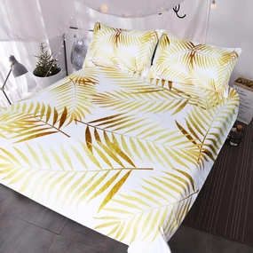 BlessLiving Modern Palm Leaf Bedding Tropical Floral Botanic Print Duvet Cover Set 3 Piece Gold and White Coastal Life Havana Bed Set (b, Twin)
