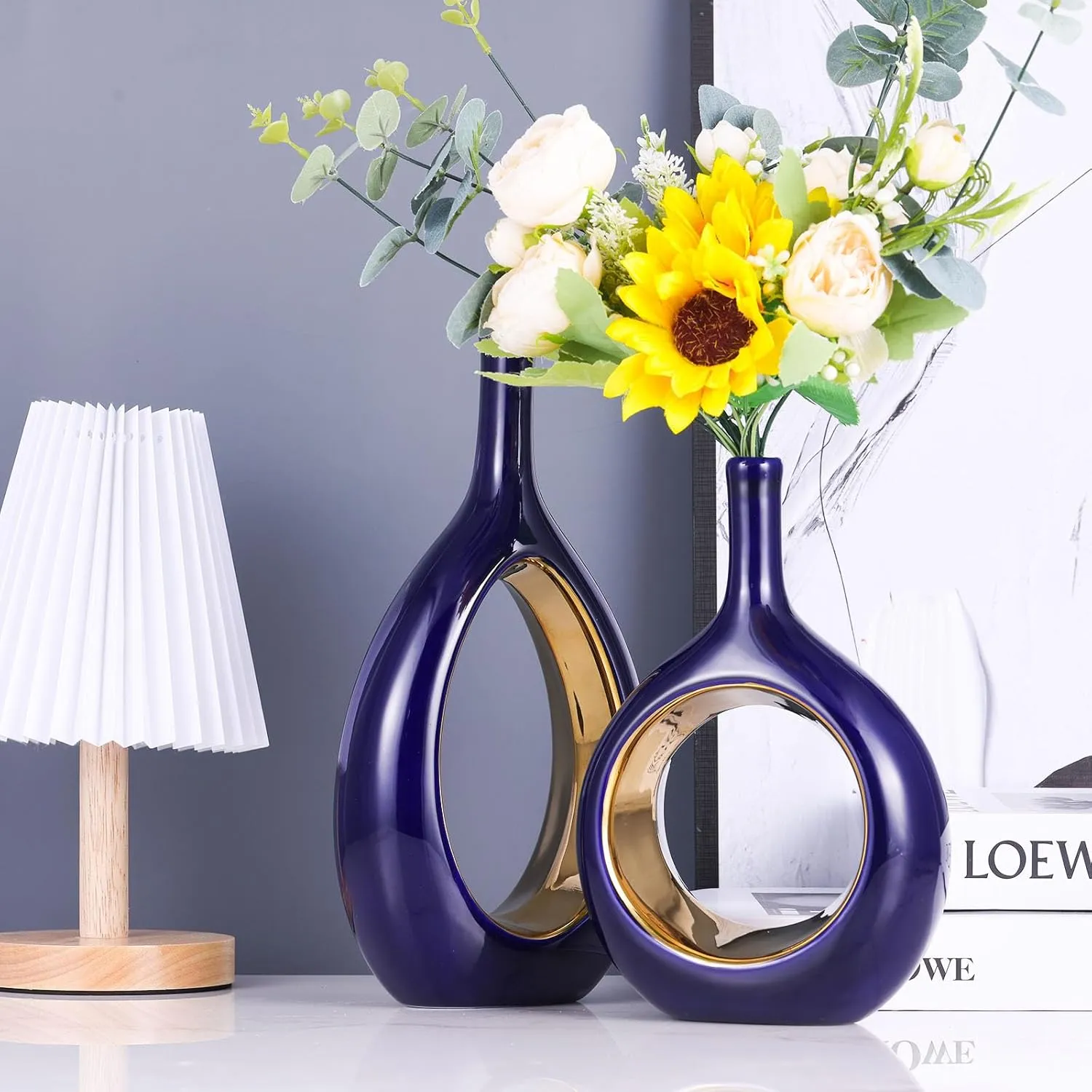 Blue Gold Ceramic Vase Set 2,Modern Hollow Circle with Hole Flower Vase for Home Decor,for Table Centerpieces,Farmhouse,Fire Place,Living Room,Bedroom,Office,Bookshelf,Rustic Decor