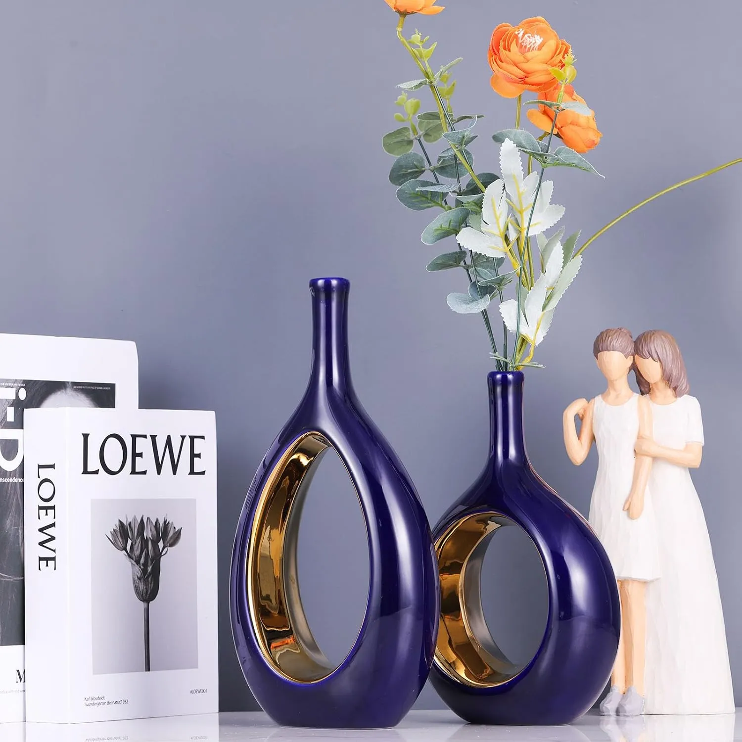 Blue Gold Ceramic Vase Set 2,Modern Hollow Circle with Hole Flower Vase for Home Decor,for Table Centerpieces,Farmhouse,Fire Place,Living Room,Bedroom,Office,Bookshelf,Rustic Decor