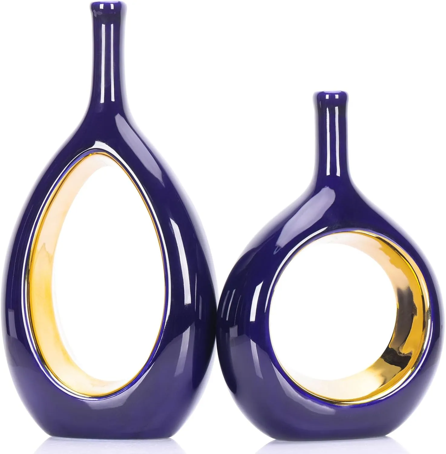 Blue Gold Ceramic Vase Set 2,Modern Hollow Circle with Hole Flower Vase for Home Decor,for Table Centerpieces,Farmhouse,Fire Place,Living Room,Bedroom,Office,Bookshelf,Rustic Decor