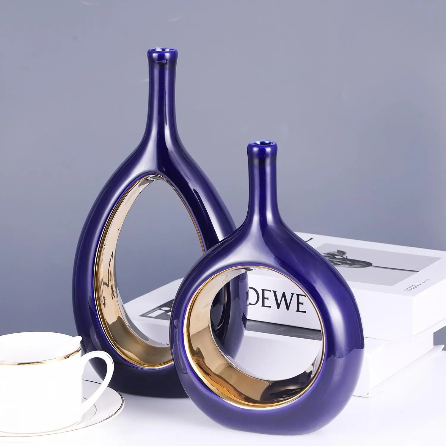 Blue Gold Ceramic Vase Set 2,Modern Hollow Circle with Hole Flower Vase for Home Decor,for Table Centerpieces,Farmhouse,Fire Place,Living Room,Bedroom,Office,Bookshelf,Rustic Decor