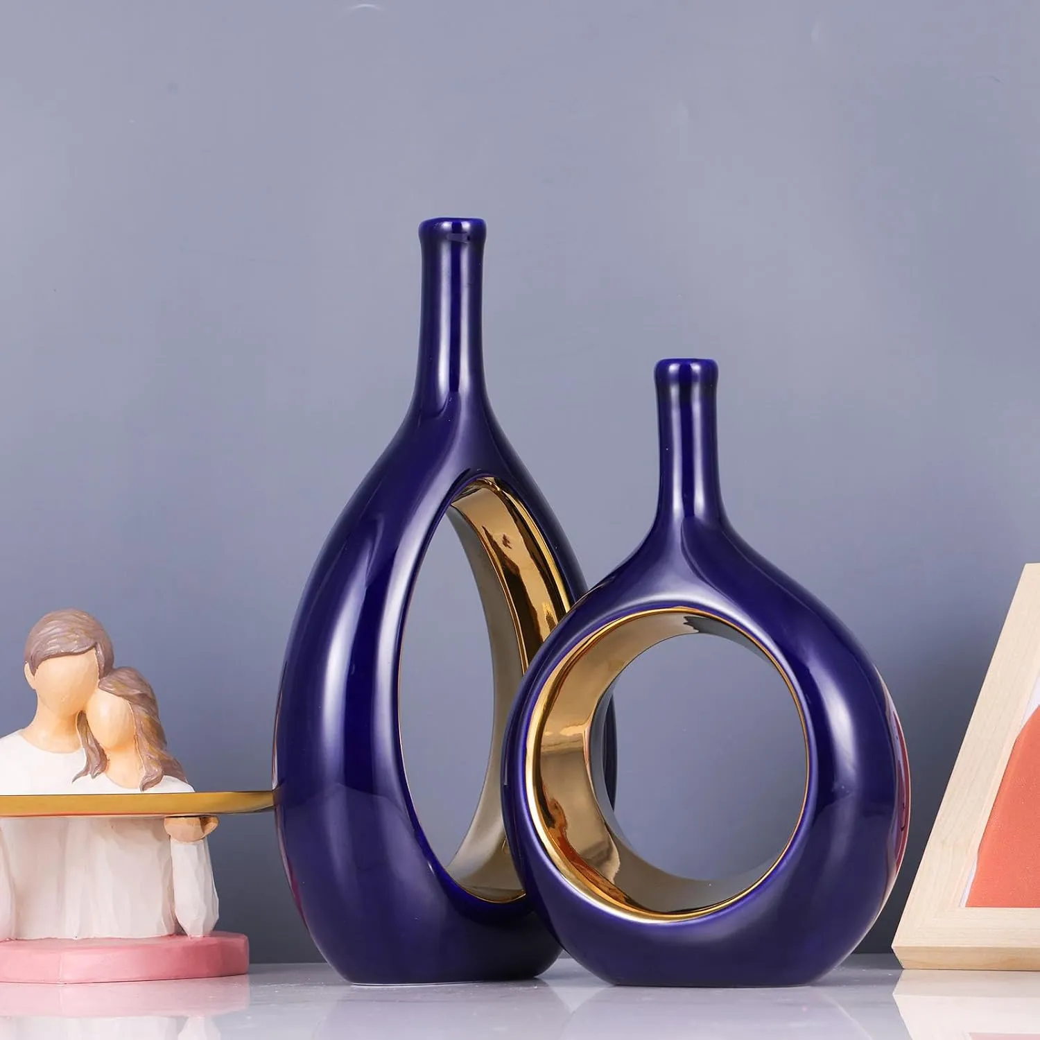 Blue Gold Ceramic Vase Set 2,Modern Hollow Circle with Hole Flower Vase for Home Decor,for Table Centerpieces,Farmhouse,Fire Place,Living Room,Bedroom,Office,Bookshelf,Rustic Decor