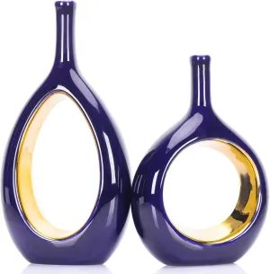 Blue Gold Ceramic Vase Set 2,Modern Hollow Circle with Hole Flower Vase for Home Decor,for Table Centerpieces,Farmhouse,Fire Place,Living Room,Bedroom,Office,Bookshelf,Rustic Decor