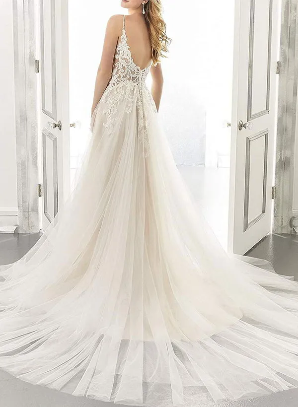 Boho A Line Sweetheart Sleeveless Tulle Wedding Dress With Appliques Lace