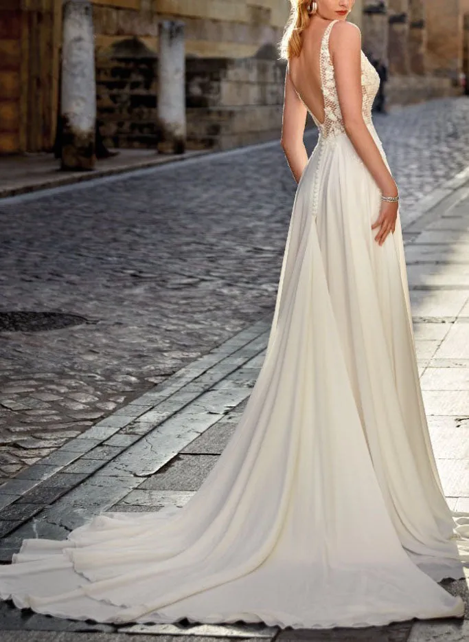 Boho Lace A Line Open Back Wedding Dress
